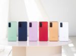 Six Samsung Galaxy S20 smartphones displayed in different colors – mint green, navy blue, light purple, bright red, tan beige, and white, showcasing the color options available for this popular Android smartphone model.