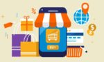 Illustration depicting various elements related to mobile e-commerce, including a smartphone with a shopping app showing a storefront, shopping cart icon, “Buy” button, shopping bags, gift box, location pin, percentage sign, and dollar signs, representing concepts like online shopping, mobile payments, and delivery.