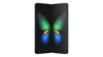 Close-up view of a foldable smartphone with a vibrant butterfly wing design displayed across the unfolded screens, showcasing the flexible display technology and creative design possibilities of the device.