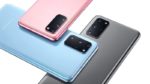 Close-up view of four Samsung Galaxy S20 smartphones in different colors – blue, pink, gray, and black – showcasing their triple-lens rear camera systems and sleek, minimalist designs, representing the latest mobile photography and videography technology.