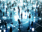 Stylized illustration depicting numerous silhouetted human figures connected by glowing lines and nodes, representing a vast social network or interconnected digital community concept.