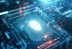 Close-up of a computer circuit board with a ghostly white skull icon displayed amidst glowing blue digital overlays and red data points, representing cybersecurity threats or malware detection technology.