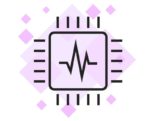 Stylized illustration of a microchip or circuit board with a heartbeat or electrocardiogram waveform icon in the center, representing biomedical or health monitoring technology.