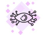 Stylized illustration of an eye icon with circuit-like nodes and connections around it, representing computer vision or visual data processing technology on a purple diamond patterned background.