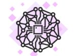 Black and white stylized illustration of an interconnected network or circuit board pattern with nodes and lines forming a circular shape around a central computer chip icon, set against a pale purple background with scattered diamond shapes, representing the concept of artificial intelligence, neural networks, or advanced computing systems.