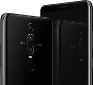 Close-up view of the triple-lens rear camera module on a sleek black smartphone, showcasing the advanced Leica camera technology and design of the mobile device.